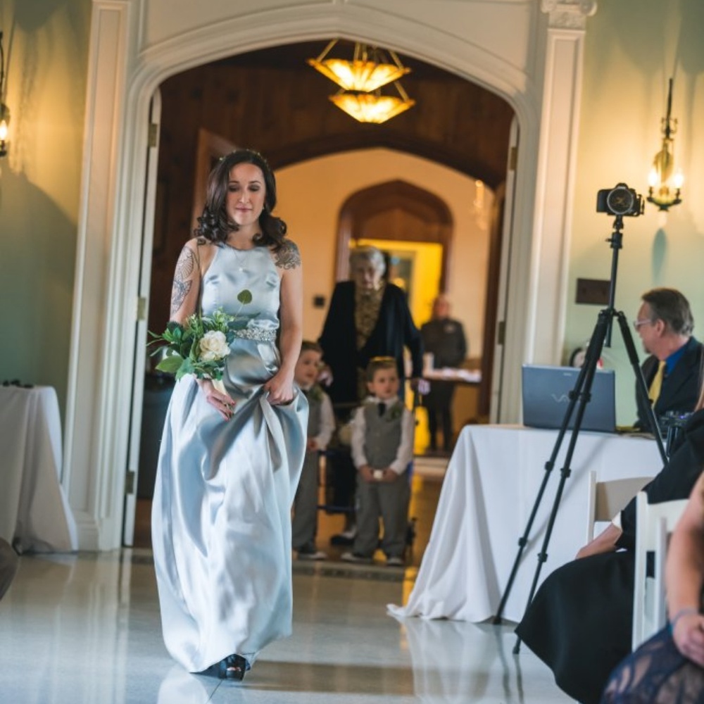 Satin silver, embellished gown. With POCKETS!!!